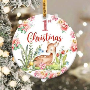 Baby Deer 1st Chrismtas Ornament Png, Round Christmas Ornament