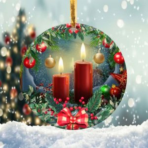 Christmas Candle with Mistletoe Ornament Png, Round Christmas Ornament