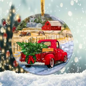 Christmas Farm Reindeer and Truck Ornament Png, Round Christmas Ornament