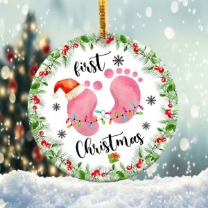 Baby First Christmas Footprint Ornament Png, Round Christmas Ornament