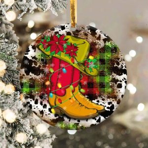 Christmas Western Boots Ornament Png, Round Christmas Ornament