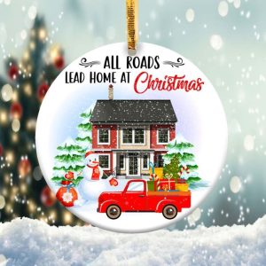 Christmas Red Truck Ornament Png, Round Christmas Ornament
