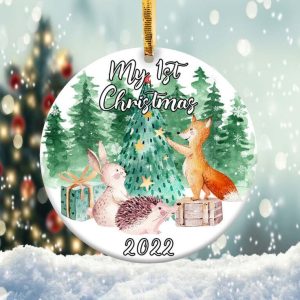Baby Woodland First Christmas Ornament Png, Round Christmas Ornament