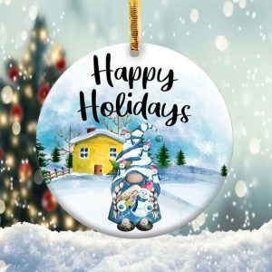 Happy Holidays Gnome Ornament Png, Round Christmas Ornament
