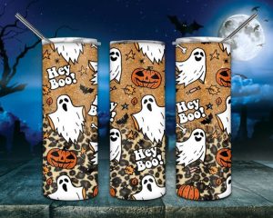 Ghost Hey Boo Halloween Tumbler PNG, Leopard Pumpkin Tumbler