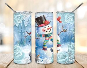 Christmas Snowman Rose Tumbler PNG, 20oz Skinny Tumbler PNG
