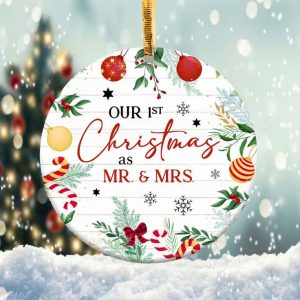 1st Christmas as Mr and Mrs Ornament Png, Round Christmas Ornament