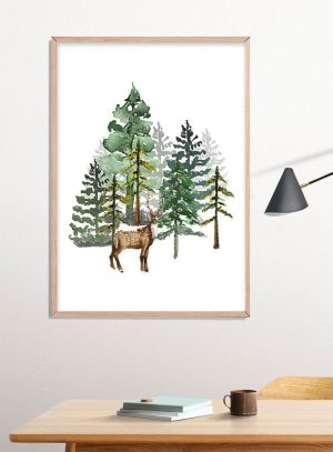 Chrsitmas Tree and Deer Poster Print, Digital Poster Wall Art