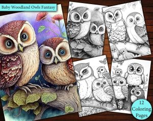 12 Baby Woodland Owls Fantasy Coloring Page