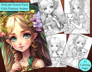 12 Delicate Forest Fairy Girls Fantasy Anime Coloring Page
