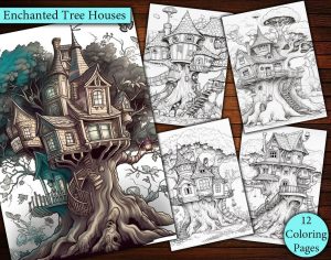 12 Enchanted Tree Houses Coloring Page