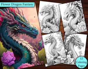 12 Flower Dragon Fantasy Coloring Page
