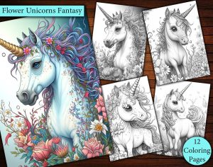 12 Flowers Unicorn Fantasy Coloring Page