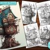 12 Little Steampunk Houses Coloring Page
