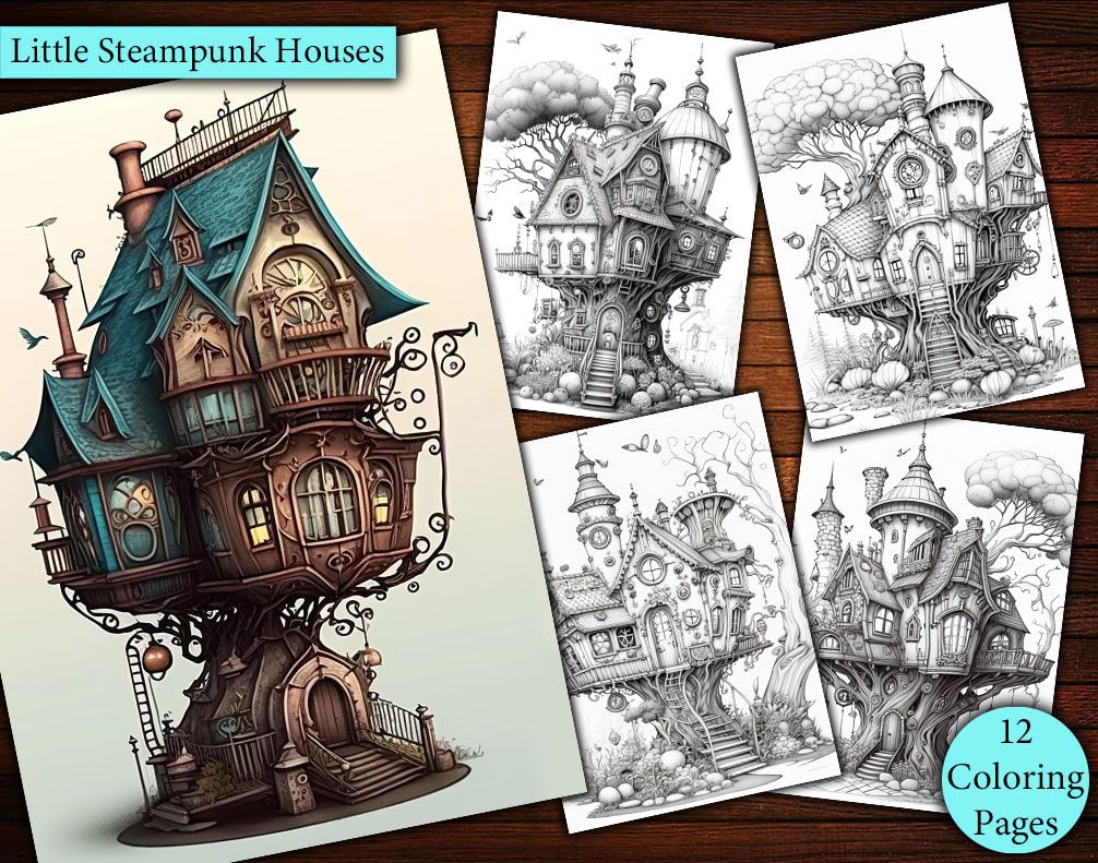 12 Little Steampunk Houses Coloring Page 12 Little Steampunk Houses Coloring Page