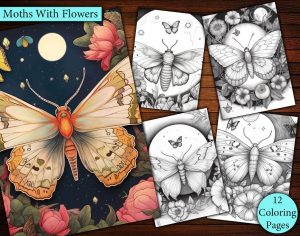 12 Moths With Flowers Coloring Page