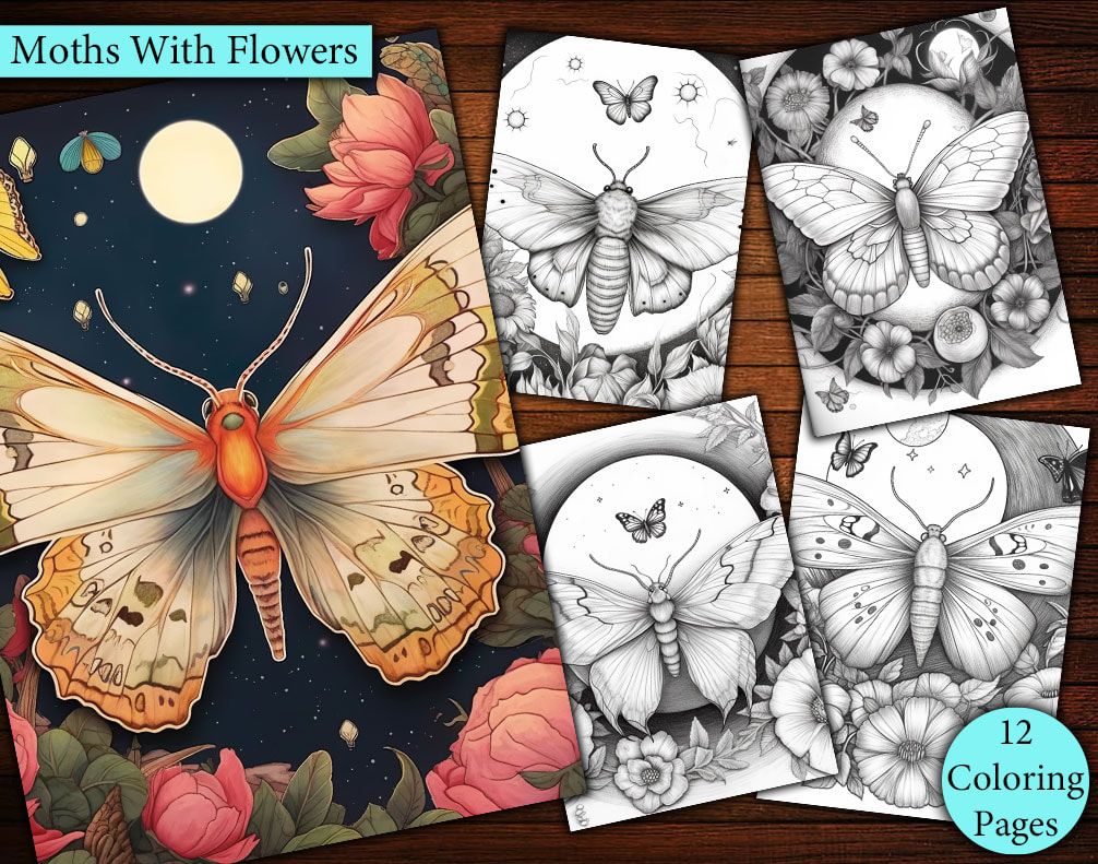 12 Moths With Flowers Coloring Page 12 Moths With Flowers Coloring Page
