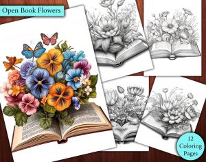 12 Open Book Flowers Coloring Page