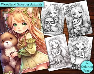 12 Woodland Sweetie Animals And Girls Coloring Page