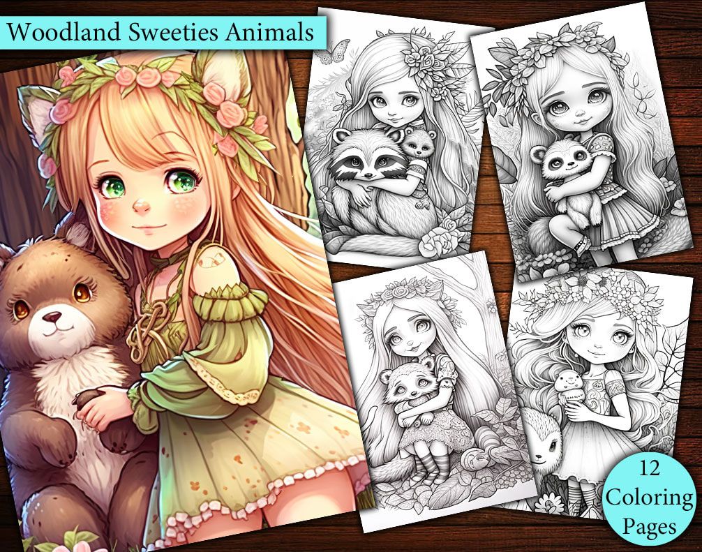 12 Woodland Sweetie Animals And Girls Coloring Page 12 Woodland Sweetie Animals And Girls Coloring Page