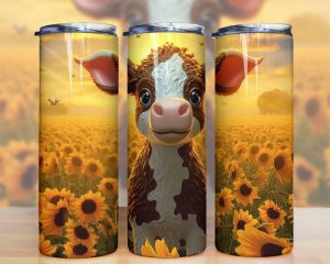 3d Baby Cow Sunflowers Tumbler Png