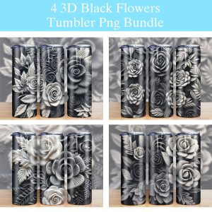3D Black and White Flowers Tumbler PNG