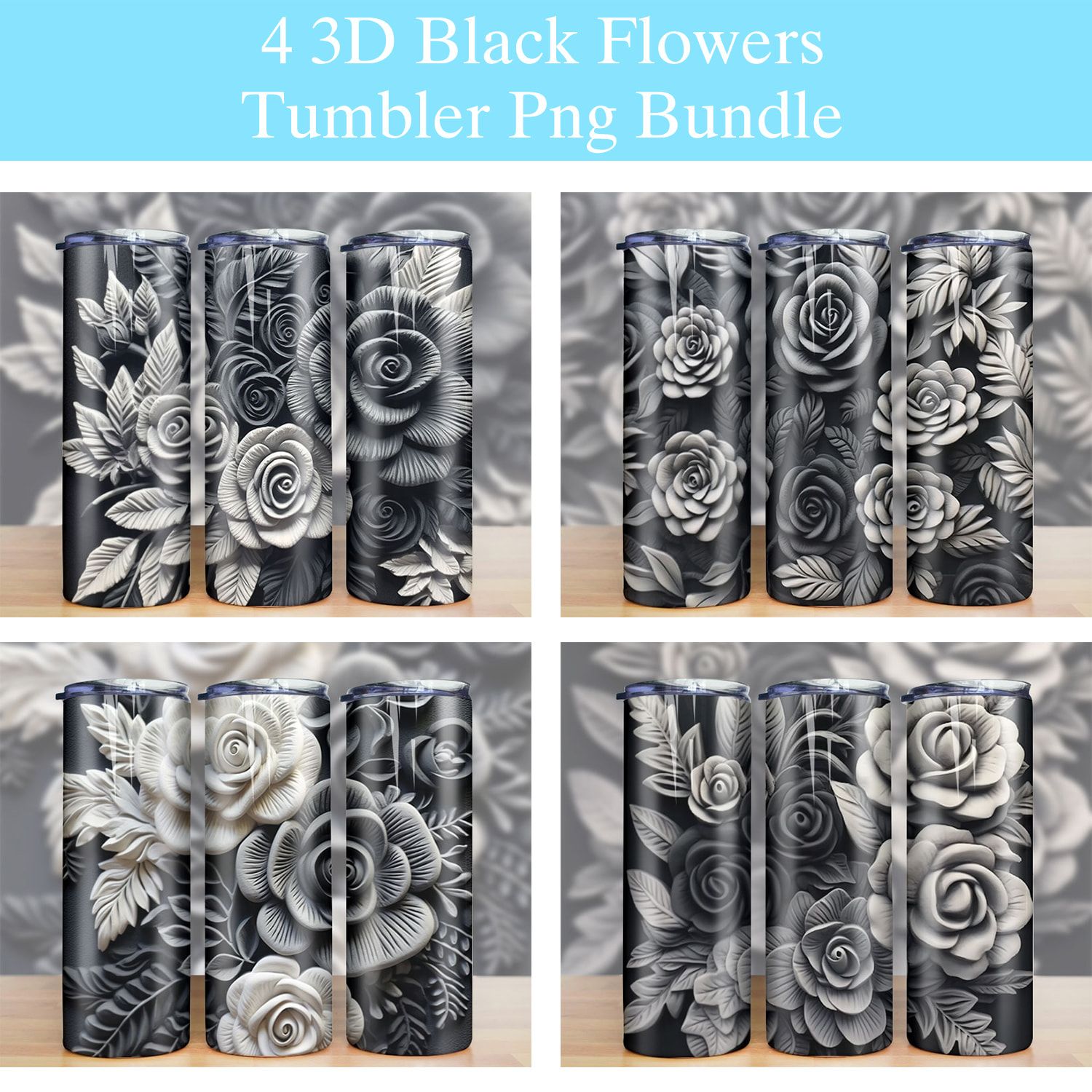 3D Black and White Flowers Tumbler PNG 3D Black and White Flowers Tumbler PNG