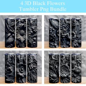 3d Black Flowers Clay Mold Tumbler Png