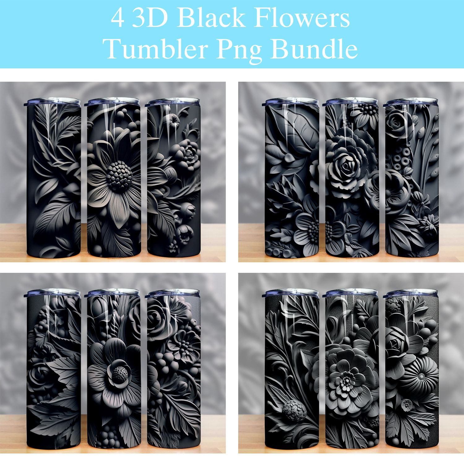 3d Black Flowers Clay Mold Tumbler Png 3d Black Flowers Clay Mold Tumbler Png