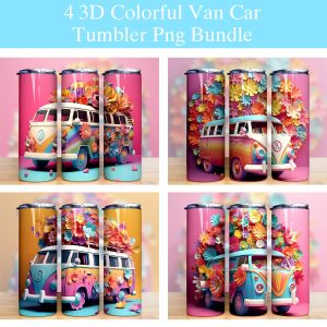 3d Colorful Van Car Rainbow Flowers Tumbler Png