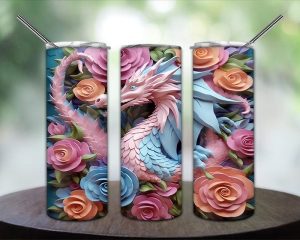 3d Dragon And Flowers Tumbler Png