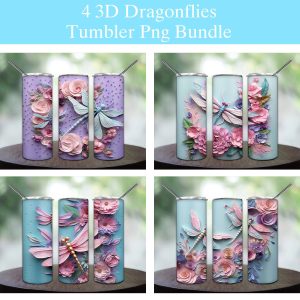 3d Dragonfly With Flowers Tumbler Png