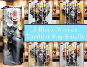 3d Effect Floral Black Woman Tumbler Png