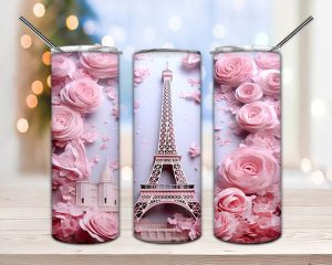 3d Eiffel Tower Pink Roses Tumbler Png