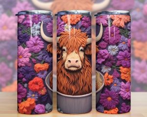 3d Embroidered Highland Cow Flowers Tumbler Png