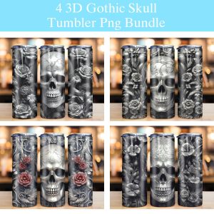 3d Gothic Skull With Flowers Tumbler Png