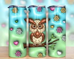 3d Inflated Owl And Flowers Tumbler Png