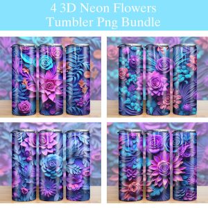 3d Neon Flowers Purple Tumbler Png