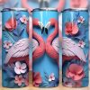 3d Pink Flamingo Couple Flowers Tumbler Png