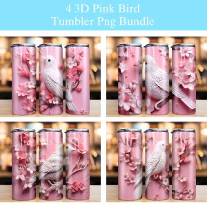 3d Pink Flowers Bird Tumbler Png