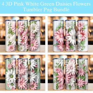 3d Pink White Green Daisies Tumbler Png