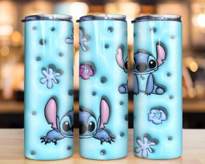 3d Puffy Inflated Stitch And Flowers Tumbler Png