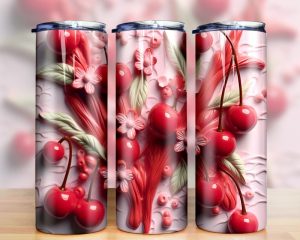 3d Puffy Red Cherry Floral Tumbler Png