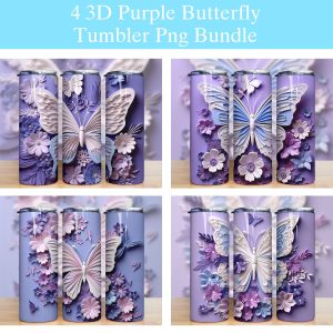 3d Purple Butterfly Flowers Tumbler Png