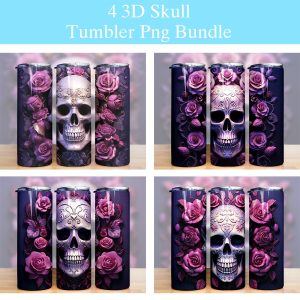 3d Skull And Flowers Tumbler Png