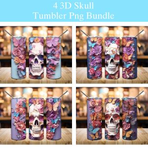 3d Skull With Butterflies And Flowers Tumbler Png