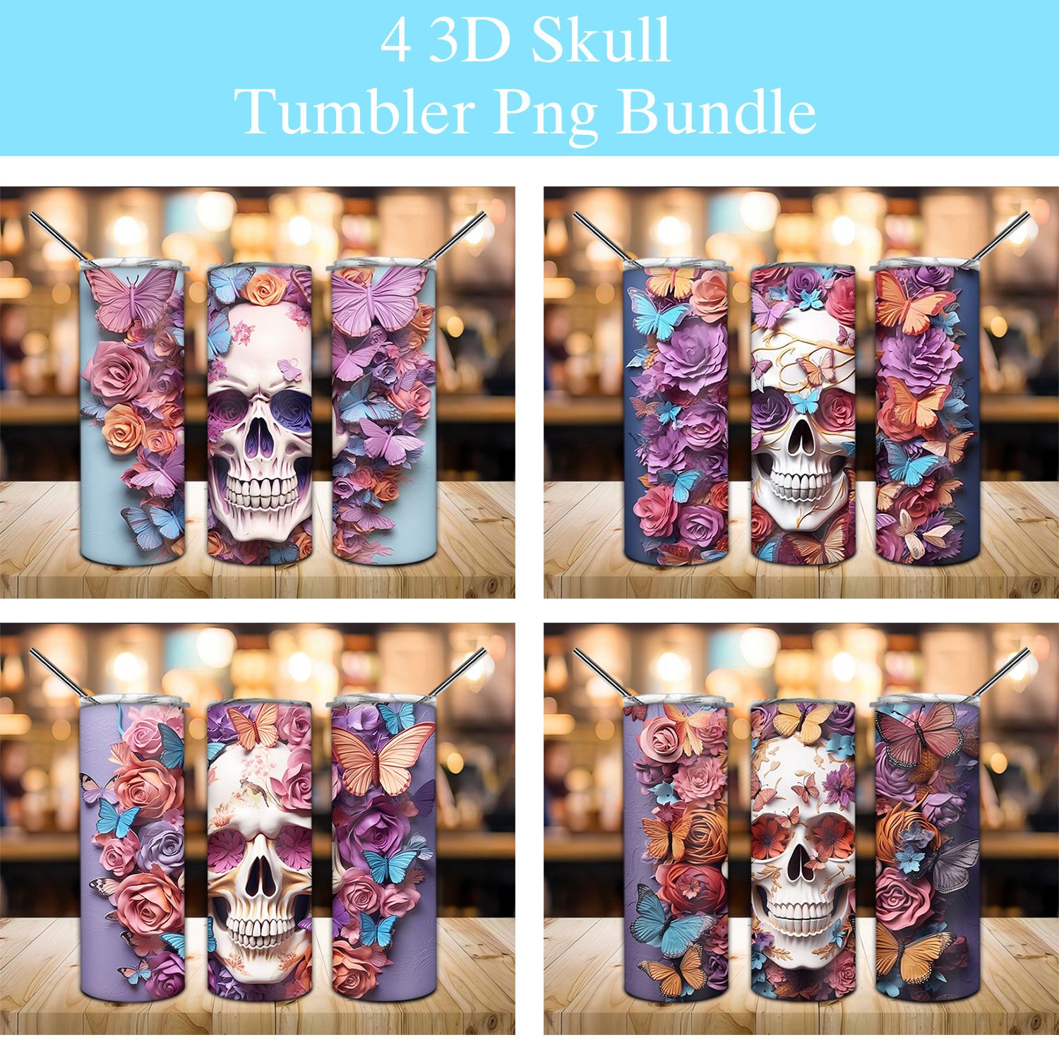 3d Skull With Butterflies And Flowers Tumbler Png 3d Skull With Butterflies And Flowers Tumbler Png
