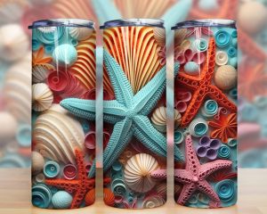 3d Starfish And Seashells Tumbler Png