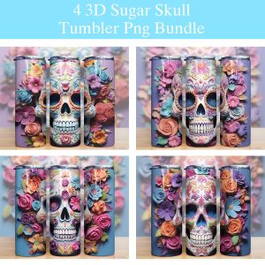 3d Sugar Skull With Flowers And Butterflies Tumbler Png