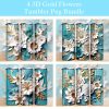 3d Turquoise White Gold Flowers Tumbler Png